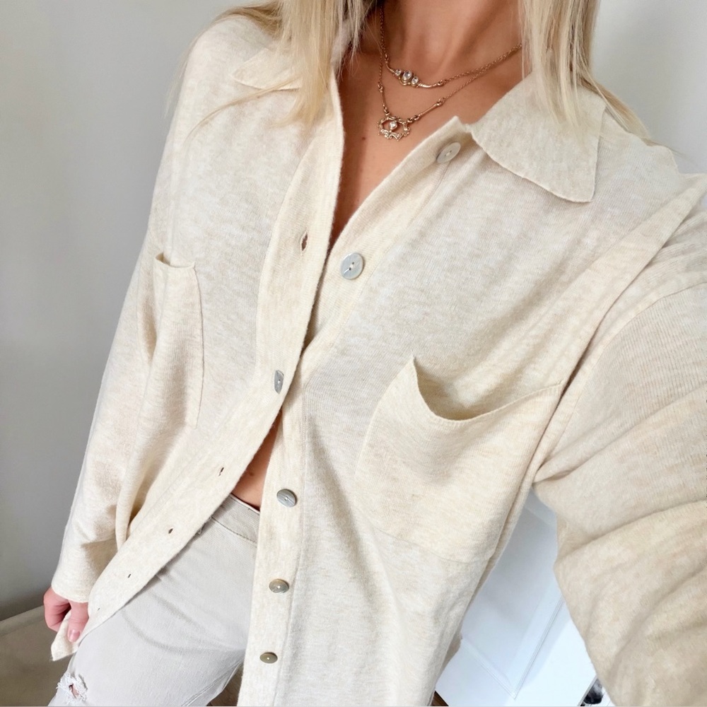 Mango Longline Collared Polo Neck Cardigan in Cream/Beige - XS